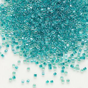 Seed bead, Delica®, glass, pkg/250g, #11 cut, translucent dark aqua-lined luster crystal clear (DBC-0918).