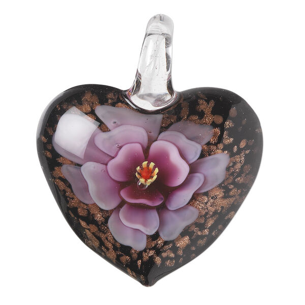 Pendant, lampworked glass, multicolored with copper-colored foil, 42x36mm single-sided puffed heart with flower design. Sold individually. image number 0