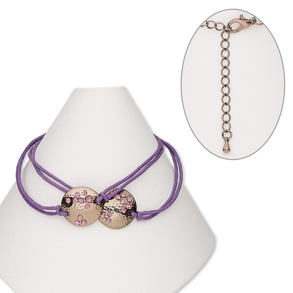 Bracelet, waxed cotton cord / glass rhinestone / brass-finished "pewter" (zinc-based alloy) / brass, pink and purple, 15mm round link, 7 inches with 2-inch extender chain and lobster claw clasp. Sold individually. image number 0