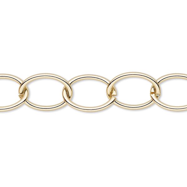 Chain, gold-finished steel, 10mm oval cable. Sold per 50-foot spool. image number 0