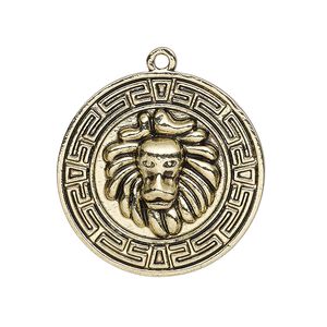 Focal, antique gold-finished "pewter" (zinc-based alloy), 30mm single-sided round with lion and geometric design. Sold per pkg of 2.