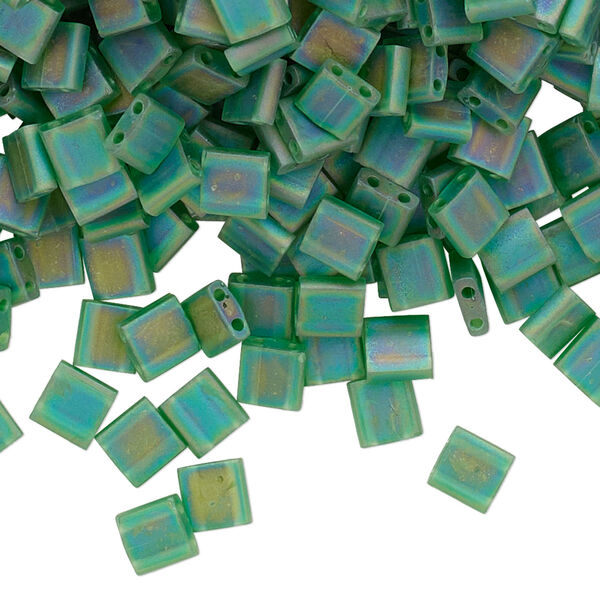 Seed bead, TILA®, glass, pkg/10g, 5mm full tila square, translucent matte rainbow pistachio, (TL-146FR). image number 0