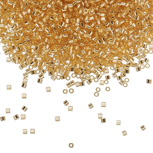 Seed bead, Delica®, glass, pkg/250g, #15 round, transparent silver-lined gold (DBS-0042). image number 0