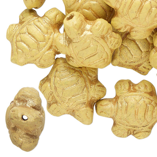 Bead, pressed clay, yellow with gold, 17x18mm-20x18mm handmade turtle. Sold per pkg of 20. image number 0