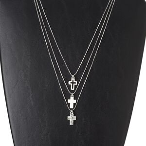Necklace, 3-strand, glass with silver-plated brass and "pewter" (zinc-based alloy), clear, 16.5x12mm cross and open cross, 17-1/2 inches with 3-inch extender chain and lobster claw clasp. Sold individually.