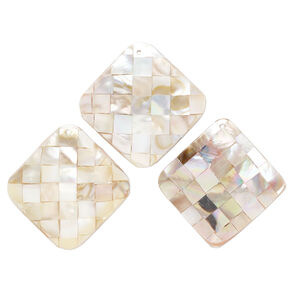 Focal mix, black lip shell / gold lip shell / mother-of-pearl shell / resin (assembled) 1pkg3, 43x42mm-47x46mm top-drilled and undrilled 2sided domed puffed diamond with checkerboard pattern.
