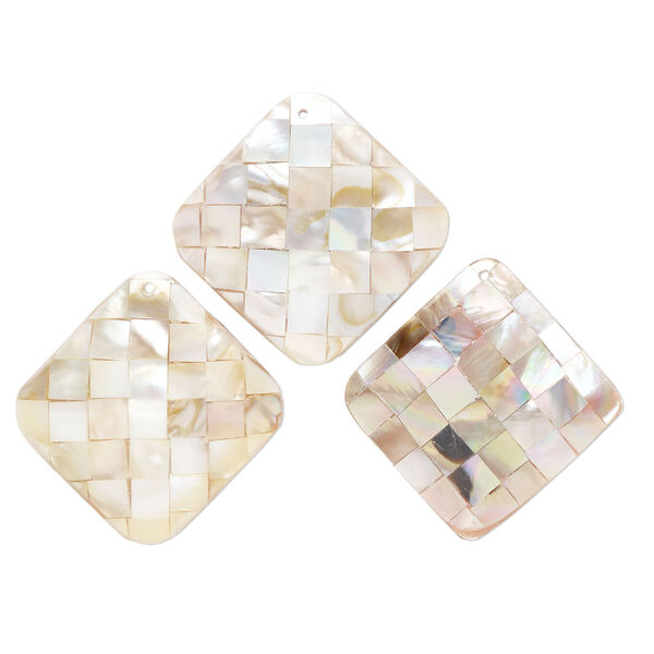 Focal mix, black lip shell / gold lip shell / mother-of-pearl shell / resin (assembled) 1pkg3, 43x42mm-47x46mm top-drilled and undrilled 2sided domed puffed diamond with checkerboard pattern. image number 0
