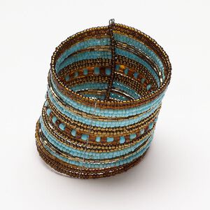 Bracelet, cuff, steel and glass, pkg/1, 7 inches, blue / copper / amber.