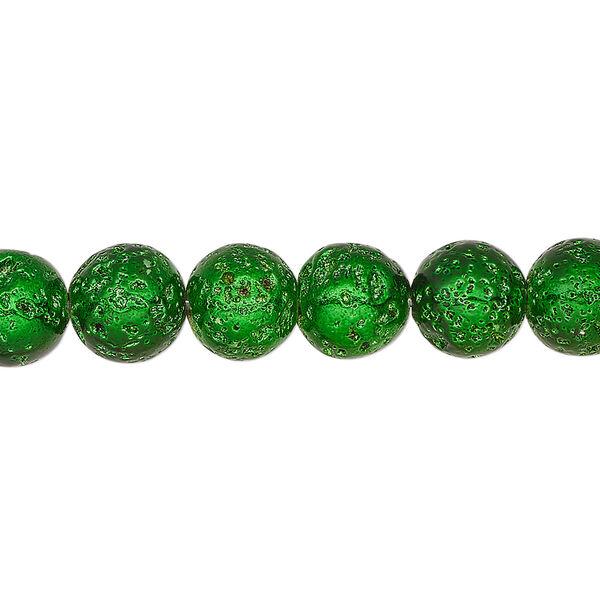 Bead, electro-coated lava rock (coated), emerald green, 7-8mm round. Sold per 15-1/2" to 16" strand. image number 0