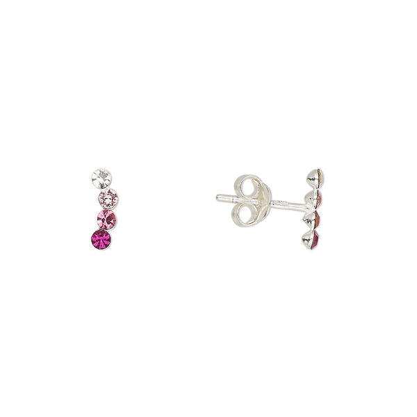 Earstud sterling silver / Preciosa crystal 1pkg2, 8.5x2.5mm right- and left-facing curved bar / earnuts included, Create Compliments® multicolored 1 pair image number 0