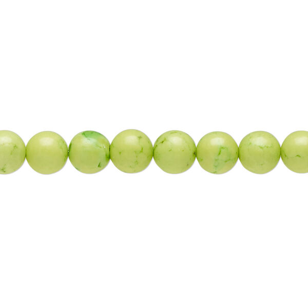 Bead, magnesite (dyed / stabilized), lime green, 5-6mm round, B grade, Mohs hardness 3-1/2 to 4. Sold per 16-inch strand. image number 0