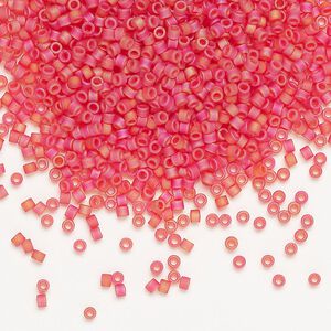 Seed bead, Delica®, glass, pkg/50g, #11 round, translucent matte rainbow red orange (DB-0856).