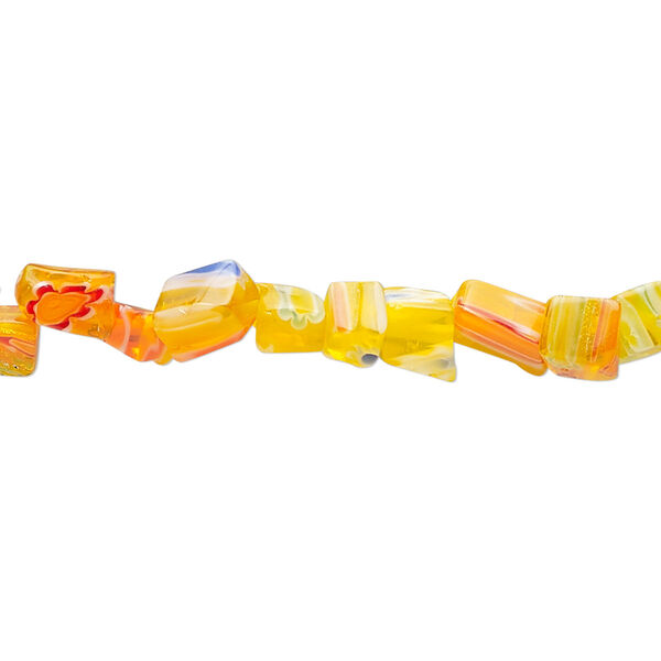 Bead, millefiori glass, translucent orange and multicolored, small chip. Sold per 33-inch strand. image number 0