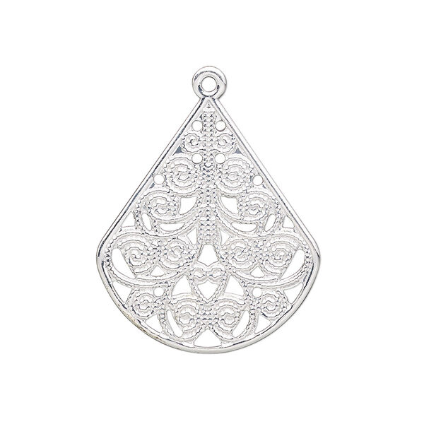 Drop, silver-plated steel, 26x23mm filigree teardrop. Sold per pkg of 10. image number 0