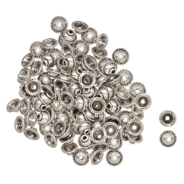 Bead cap, antique silver-finished "pewter" (zinc-based alloy), 10mm domed round with rope edge, fits 9-10mm beads. Sold per pkg of 100. image number 0