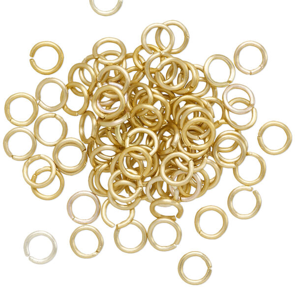 Jump ring, anodized aluminum, gold, 5mm matte round, 3.4mm inside diameter, 20 gauge. Sold per pkg of 100. image number 0