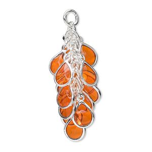 Focal, epoxy and silver-plated brass, orange, 32x16mm teardrop cluster. Sold per pkg of 4.