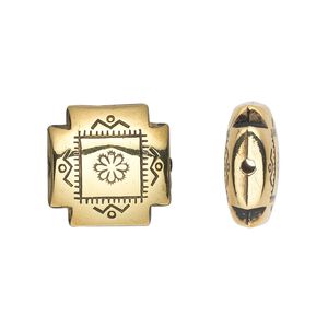 Bead, antiqued gold-finished copper-coated plastic, 17mm fancy flat square. Sold per 50-gram pkg, approximately 30 beads.