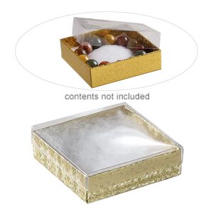 Box, plastic and paper, "cotton"-filled, gold and clear, 3-1/2 x 3-1/2 x 1-inch square. Sold per pkg of 10.