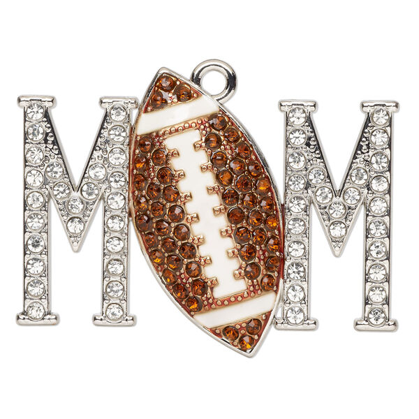 Focal, glass / painted enamel / silver-finished "pewter" (zinc-based alloy), brown / white / clear, 46.5x37mm single-sided "MOM" with football. Sold individually. image number 0