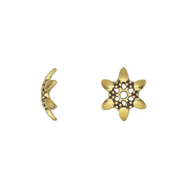 Bead cap, antique gold-finished "pewter" (zinc-based alloy), 12.5x4mm snowflake with cutout, fits 10-14mm round bead. Sold per pkg of 20. image number 0