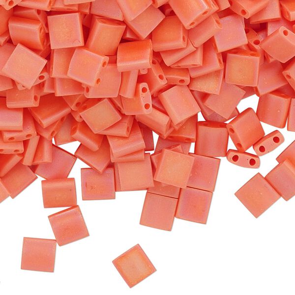 Seed bead, TILA®, glass, pkg/10g, 5mm full tila square, opaque matte rainbow orange, (TL-406FR). image number 0