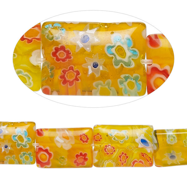 Bead, millefiori glass, translucent orange and multicolored, 14x10mm puffed rectangle. Sold per 15-inch strand, approximately 25 beads. image number 0