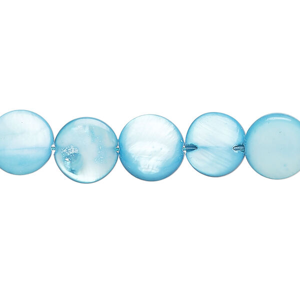 Mother-of-pearl shell 1pkg1, puffed flat round bead 15 inch sky blue 9-10mm image number 0