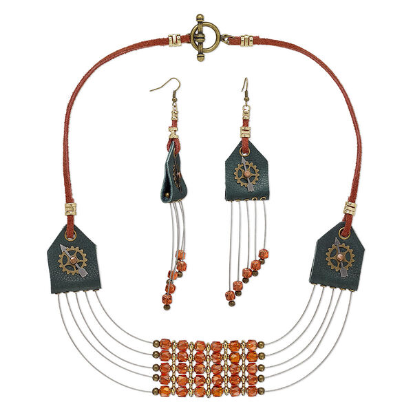 Necklace and earring set, One of a Kind Jewelry, glass / leather / brass, green / brown / orange, 18 inches with fishhook ear wire. Only one available. image number 0