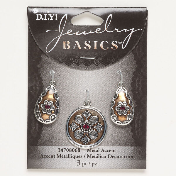 Drop assortment, brass / glass / enamel, pkg/3, 25mm round and 23x14mm teardrop, copper / antique silver finish / red. image number 0