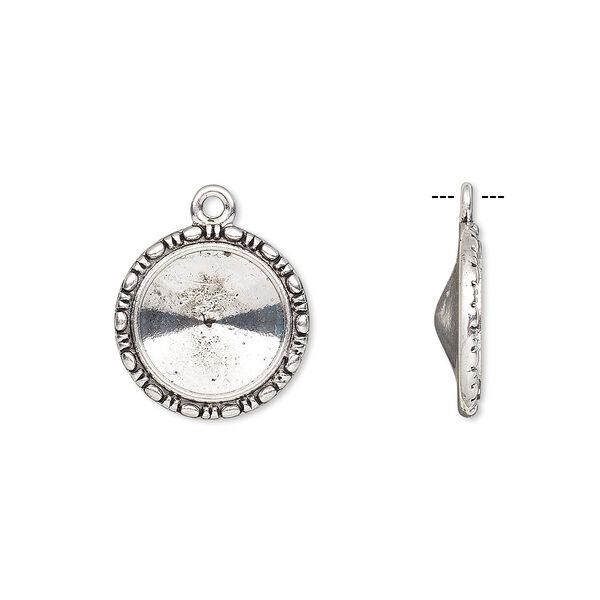 Drop, Almost Instant Jewelry®, antique silver-finished "pewter" (zinc-based alloy), 19mm round with beaded design and 14mm rivoli setting. Sold per pkg of 6. image number 0
