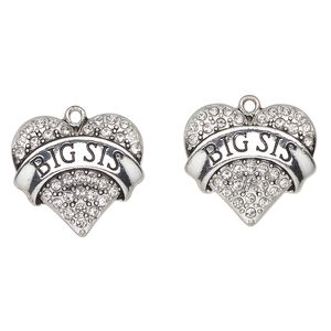 Charm, antique silver-finished enamel "pewter" (zinc-based alloy) and glass, clear and black, 24x23mm heart with "Big Sis". Sold per pkg of 2.