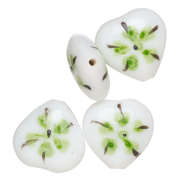 Bead, lampworked glass, opaque white / black / green, 17-16mm puffed heart with double-sided painted flower design. Sold per pkg of 4. image number 0