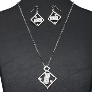 Necklace and earring set, imitation rhodium-finished "pewter" (zinc-based alloy) and brass / epoxy / Austrian crystal / white opal (synthetic), white and clear AB, 40x40mm openwork diamond, 17-1/2 inches with lobster claw clasp and 3-inch extender chain, 48x29mm earrings with fishhook ear wire. Sold per set.