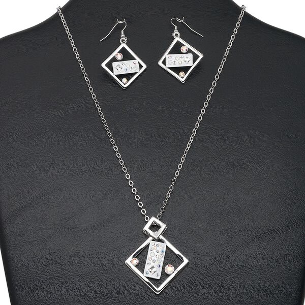 Necklace and earring set, imitation rhodium-finished "pewter" (zinc-based alloy) and brass / epoxy / Austrian crystal / white opal (synthetic), white and clear AB, 40x40mm openwork diamond, 17-1/2 inches with lobster claw clasp and 3-inch extender chain, 48x29mm earrings with fishhook ear wire. Sold per set. image number 0