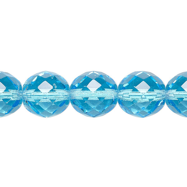 Bead, Czech fire-polished glass, pkg/15-1/2 to 16 inches, 12mm faceted round, transparent light turquoise blue, (60010). image number 0