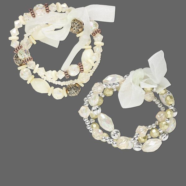Bracelet, stretch, glass / organza ribbon / acrylic / gold- / silver-coated plastic, cream / white / clear AB, multi-shape, 6 inches. Sold per pkg of 6. image number 0