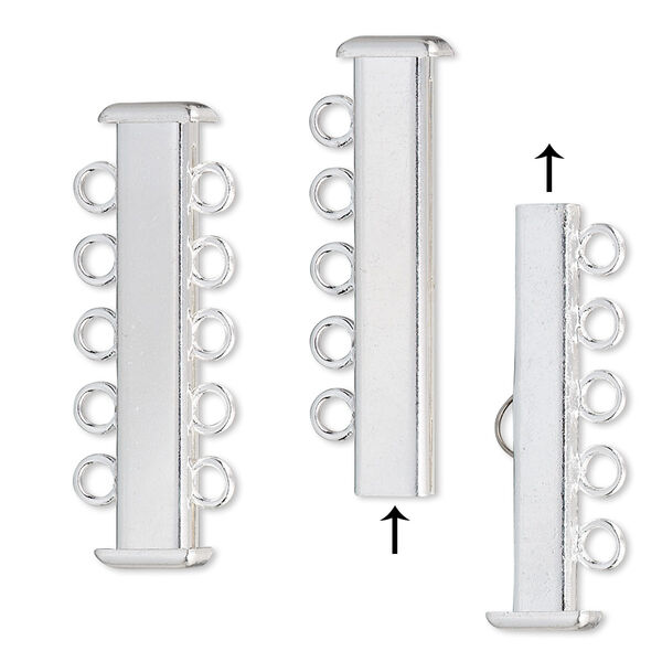 Clasp, 5-strand slide lock, silver-plated brass, 31x7mm rectangle tube. Sold per pkg of 4. image number 0