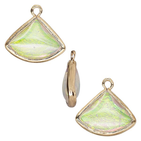 Drop, Opalized Ice™, "opal" (resin) and gold-finished brass, white, 19x15mm double-sided fan. Sold per pkg of 4. image number 0