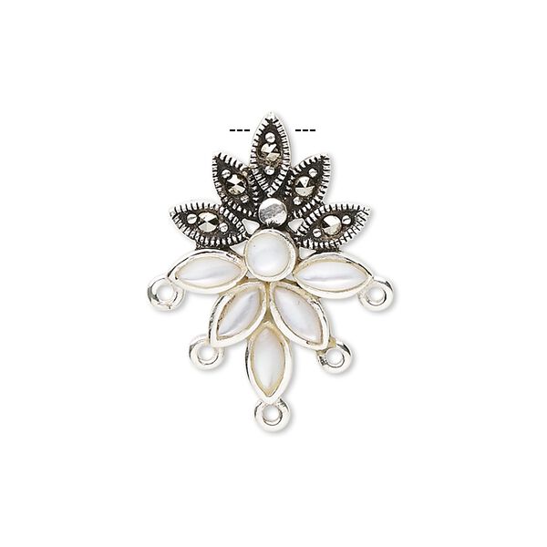 Drop, sterling silver / marcasite / mother-of-pearl shell (bleached), 23x17mm fancy drop with hidden top loop and 5 bottom loops. Sold individually. image number 0