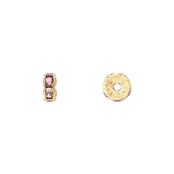 Bead, glass rhinestone and gold-finished brass, rose, 7x3.5mm rondelle. Sold per pkg of 10. image number 0