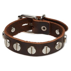 Bracelet, leather (dyed) with imitation rhodium-plated steel and "pewter" (zinc-based alloy), brown, 15mm wide with round studs, adjustable at 6 and 7 inches with buckle-style closure. Sold individually.