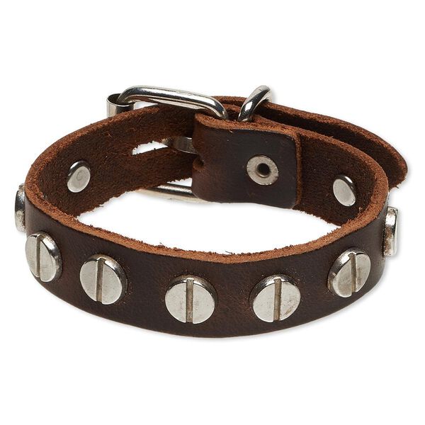 Bracelet, leather (dyed) with imitation rhodium-plated steel and "pewter" (zinc-based alloy), brown, 15mm wide with round studs, adjustable at 6 and 7 inches with buckle-style closure. Sold individually. image number 0