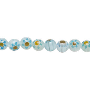 Bead, millefiori glass 1pkg1, translucent light sky blue / dark golden orange / white, 6mm round, 15 inches.