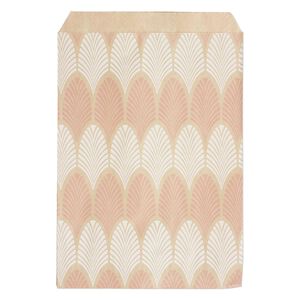 Bag, paper, brown, white and pink, 7x5 inch rectangle with leaf-print and scalloped top edge. Sold per pkg of 100.