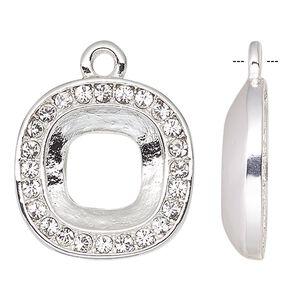 Drop, Almost Instant Jewelry®, crystals and silver-plated "pewter" (zinc-based alloy), crystal clear, 15.5mm rounded square with 10mm cushion setting. Sold individually.
