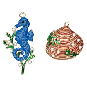 Focal, Charmed, acrylic / enamel / gold-finished "pewter" (zinc-based alloy), multicolored, 34x31mm single-sided shell and 52x30mm single-sided seahorse. Sold per 2-piece set.