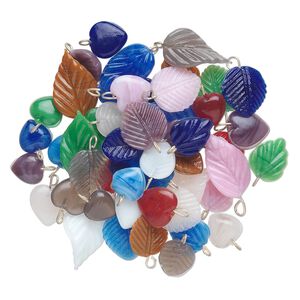 Drop mix, glass and silver-finished brass, multicolored, 11mm-22x15mm double-sided heart and leaf. Sold per 50-gram pkg, approximately 50-60 drops.