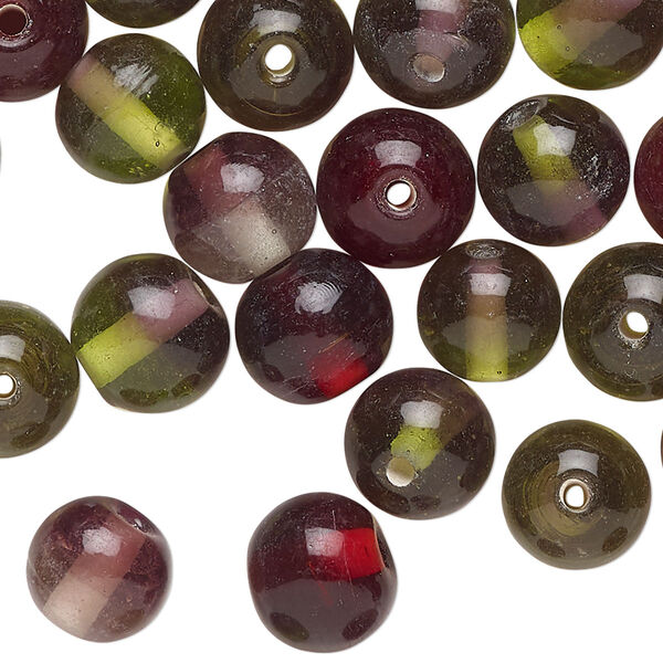 Bead mix, 2-tone glass, translucent green / red / purple, 10mm round. Sold per 2-ounce pkg, approximately 40 beads. image number 0