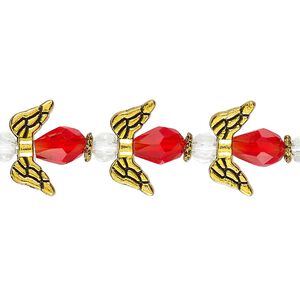 Bead, crystal and antique gold-finished "pewter" (zinc-based alloy), transparent red and clear, 14.5x14mm angel. Sold per pkg of 6.